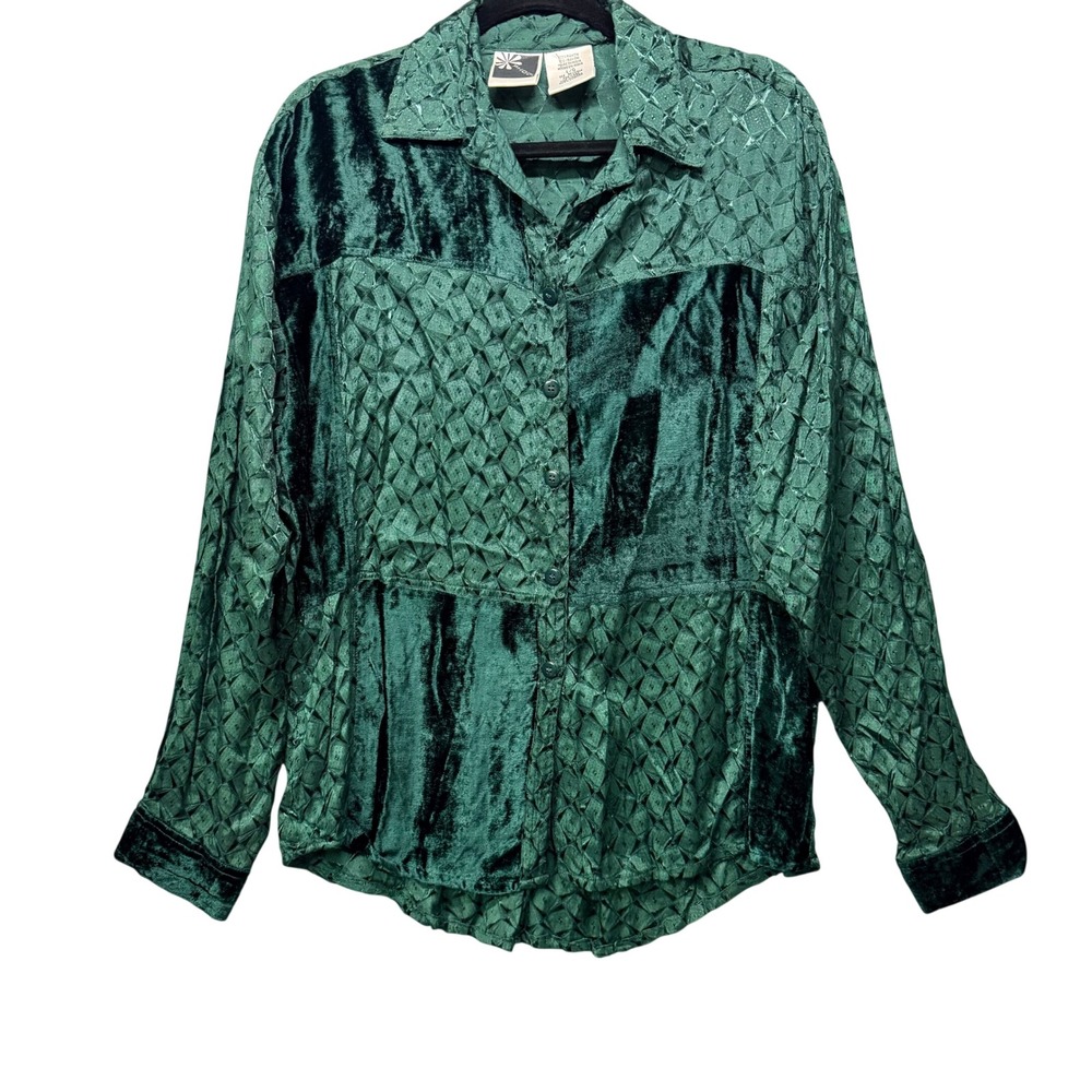 VTG 90's Phool Emerald Green Burnout‎ Velvet Shirt-Boho Whimsigoth Dark Academia